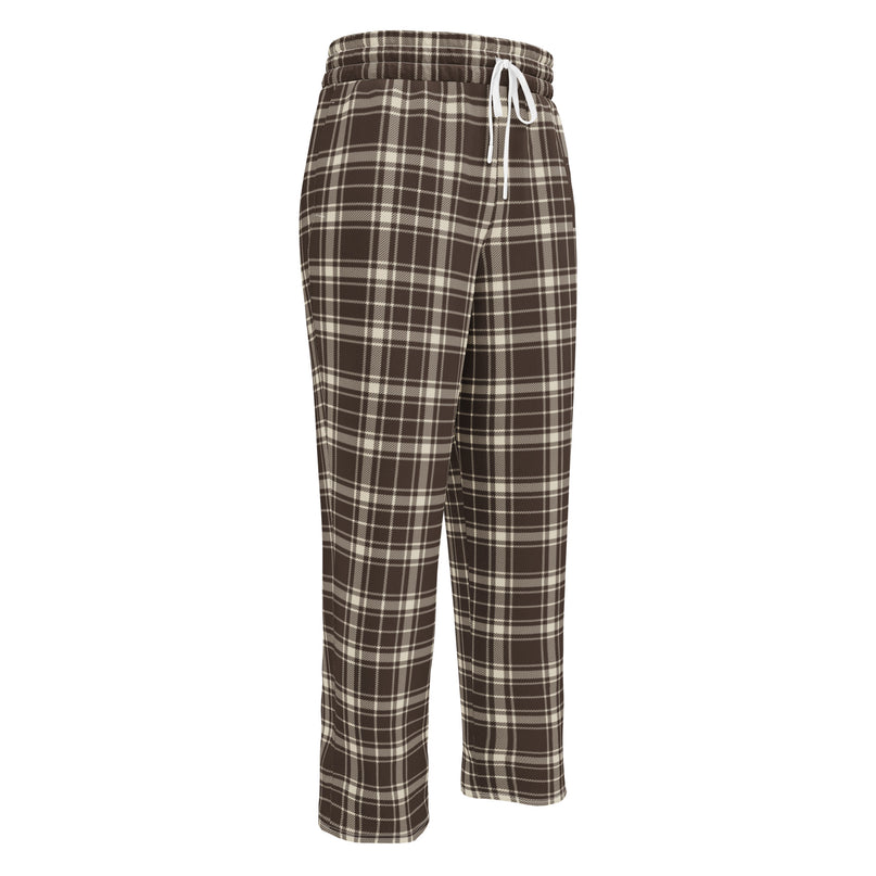 Heritage Tartan Wide-Leg Joggers in cocoa brown and bone tartan, front view, three-quarter angle with drawstring