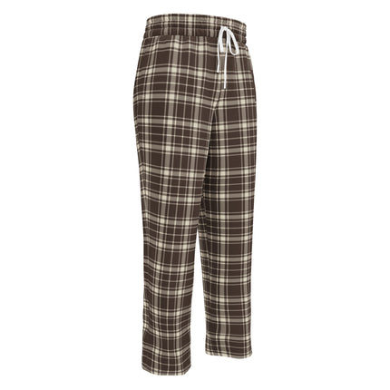 Heritage Tartan Wide-Leg Joggers in cocoa brown and bone tartan, front view, three-quarter angle with drawstring