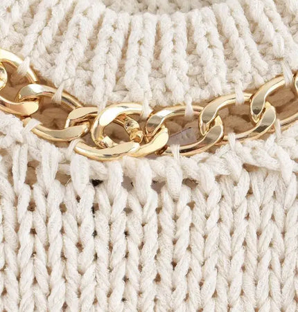 Asymmetrical Chain Knit Tank Top – Slim Fit featuring gold chain detail on knitted fabric.