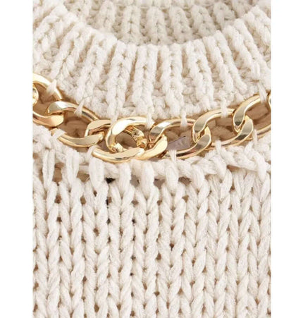 Asymmetrical Chain Knit Tank Top – Slim Fit with decorative metal chain detail and knitted texture.