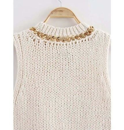 Asymmetrical Chain Knit Tank Top – Slim Fit back view showcasing the decorative metal chain detail.