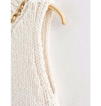 Asymmetrical Chain Knit Tank Top – Slim Fit showing detailed knitted texture and gold chain accent.