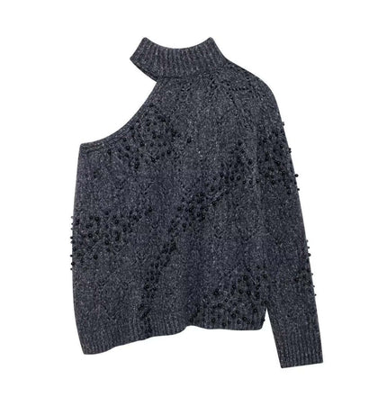 Asymmetrical Off-Shoulder Knit Sweater in dark gray with hollow bead decoration and half turtleneck collar.
