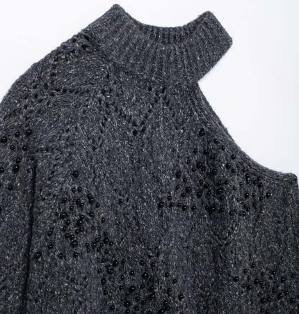 Asymmetrical Off-Shoulder Knit Sweater in gray with hollow bead decoration and half turtleneck collar.