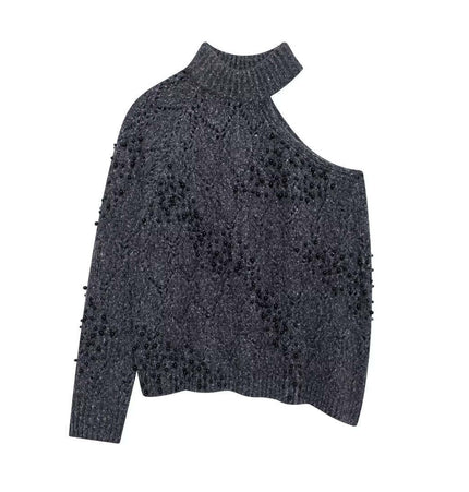 Asymmetrical Off-Shoulder Knit Sweater featuring a stylish shoulder opening and bead decoration in a soft grey knit.