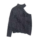 Asymmetrical Off-Shoulder Knit Sweater featuring a stylish shoulder opening and bead decoration in a soft grey knit.