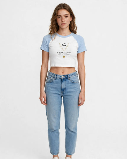Micro rib raglan baby tee with baby blue contrast sleeves, front view