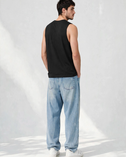 Back view of the black 142 g/m² sleeveless tee, relaxed cut