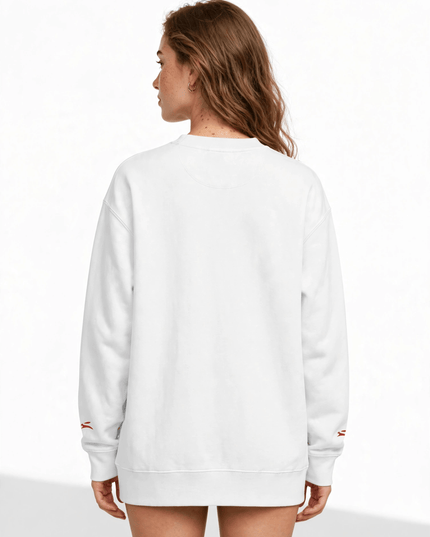 Back view of the White 350 g/m² brushed fleece crewneck