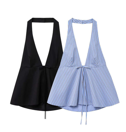Backless Bow Tie Hanging Neck Tank Top in black and striped blue, stylish summer fashion for women.