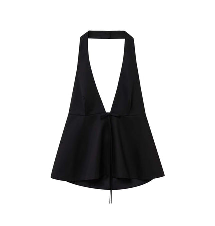 Backless Bow Tie Hanging Neck Tank Top in black, featuring a plunging neckline and playful bow tie design.