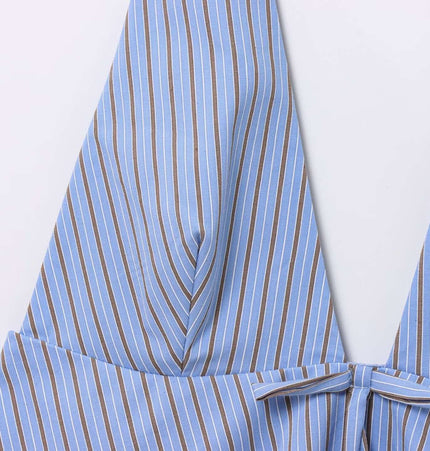 Backless Bow Tie Hanging Neck Tank Top in striped blue fabric with a bow detail.