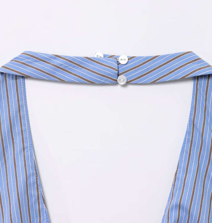 Backless Bow Tie Hanging Neck Tank Top showing the unique bow tie collar detail in striped fabric.