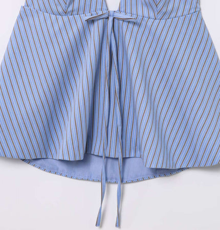 Backless Bow Tie Hanging Neck Tank Top in light blue with striped pattern and bow tie detail.