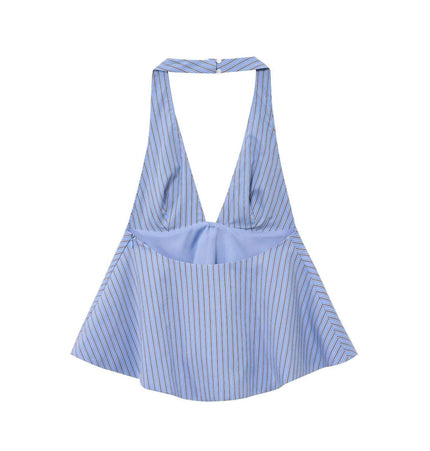 Backless Bow Tie Hanging Neck Tank Top in blue with stripes, stylish and feminine for casual summer outings.