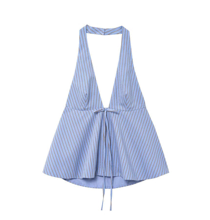 Backless Bow Tie Hanging Neck Tank Top in blue with stripes, featuring a playful backless design and hanging neck.