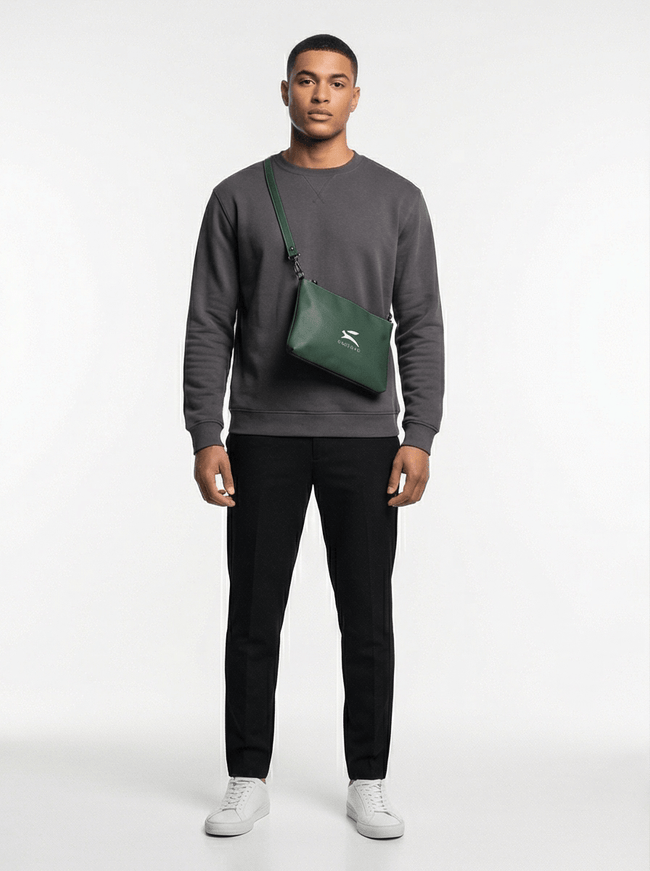 Model wearing crossbody bag by Grozavu