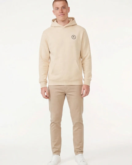 Front view of the Maison Grozavu Archival Ecru Hoodie in hoodie — showing the clean lines.