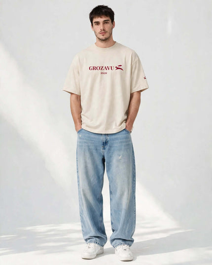 Beige oversized heavyweight tee in 237 g/m² combed cotton, front view
