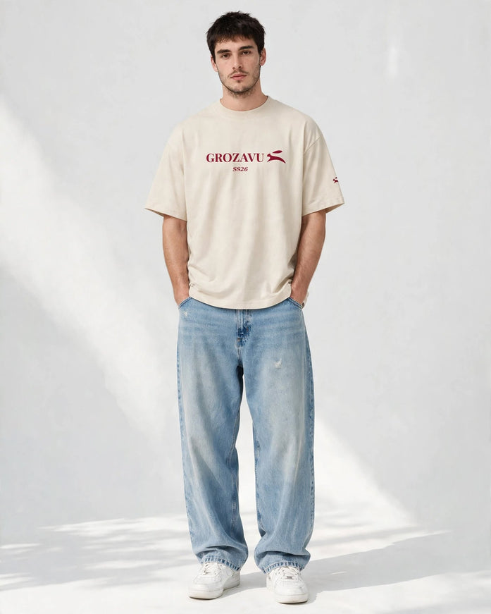 Beige oversized heavyweight tee in 237 g/m² combed cotton, front view
