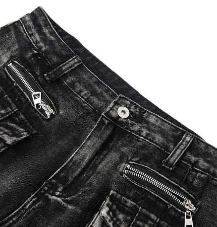 Belted Distressed Cargo Jeans featuring zipper pockets and a sleek black denim design for a modern street style.