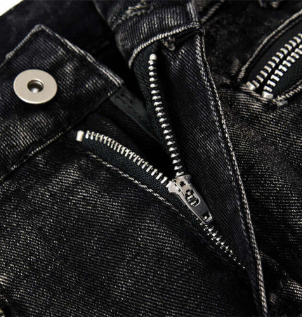 Belted Distressed Cargo Jeans close-up of zipper details and fabric texture