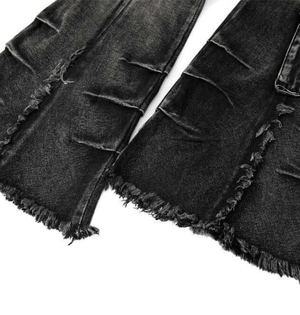 Belted Distressed Cargo Jeans showcasing raw hem detailing and patchwork collage splicing for a trendy street fashion look.