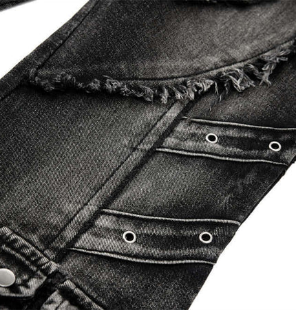 Belted Distressed Cargo Jeans featuring raw hem detailing and patchwork splicing for a bold street fashion look.