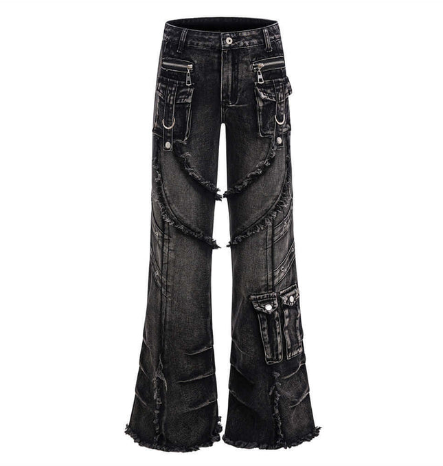 Belted Distressed Cargo Jeans featuring a unique flared design, distressed detailing, and cargo pockets for bold street fashion.