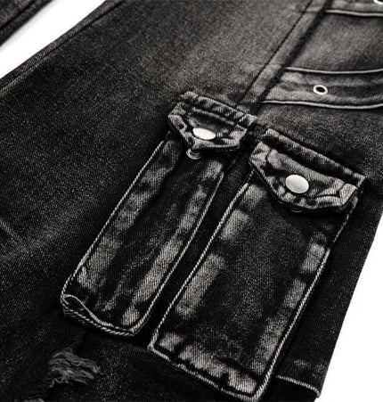 Belted Distressed Cargo Jeans close-up of the cargo pocket detailing and heavyweight washed denim fabric.