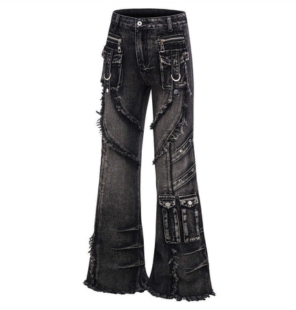 Belted Distressed Cargo Jeans featuring flared legs, raw hem, and cargo pockets for a bold street style.