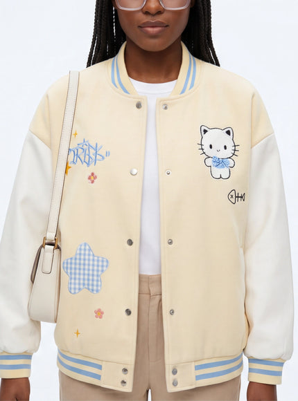 Chaqueta de Béisbol Linda con Bordado de Gato Imprescindible