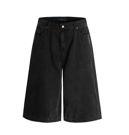 Elastic Waist Denim Shorts – Straight Fit in black with a half-elastic waistband and a relaxed fit.