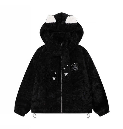 Hooded Lamb Wool Cotton Winter Coat in black with fluffy hood and star details for cozy winter style.