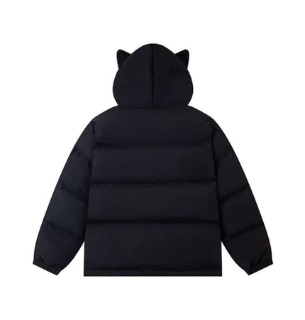 Hooded Cotton Puffer Coat – Loose Fit with playful cat ear design, back view showcasing thick padding.