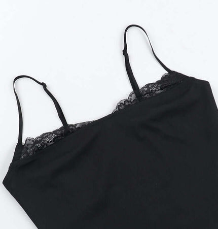 Patchwork Lace Camisole Top – Slim Fit black lace detailed vest top laid flat on a white background.