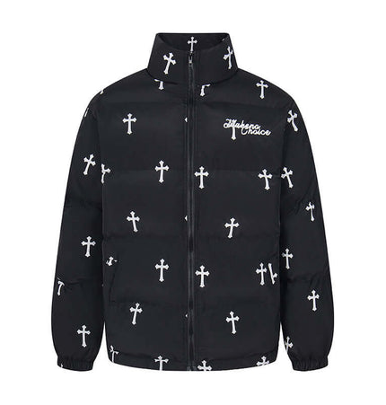 Print Stand Collar Cotton Puffer Jacket featuring a bold cross print design and structured silhouette for women.