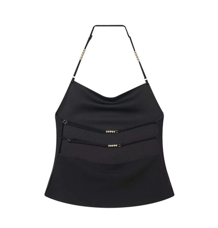 Round Neck Knit Top – Slim Fit, stylish black top with unique design and functional zip pockets.