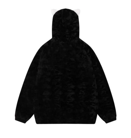 Sherpa Cotton Winter Jacket - Loose Fit black hooded jacket with ears on the hood and cozy fleece fabric
