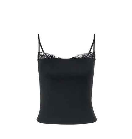 Patchwork Lace Camisole Top – Slim Fit in black with delicate lace detailing, perfect for elegant and casual outfits.