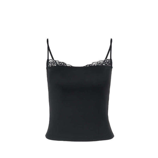 Patchwork Lace Camisole Top – Slim Fit in black with delicate lace detailing, perfect for elegant and casual outfits.
