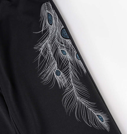Black Sport Casual Pants – Loose Fit featuring elegant peacock feather design in silver and blue.