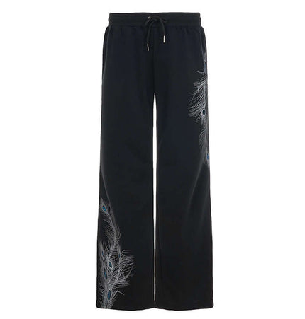 Black Sport Casual Pants – Loose Fit with peacock feather design and relaxed silhouette.