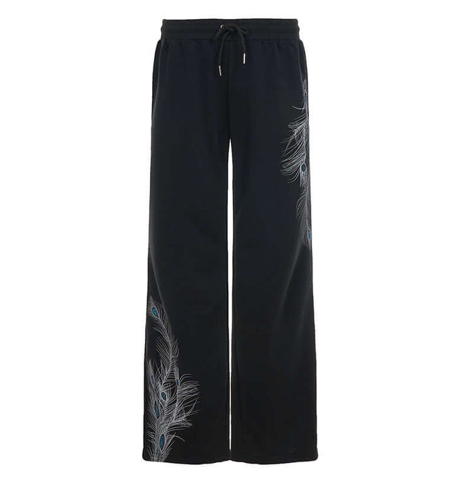 Black Sport Casual Pants – Loose Fit with peacock feather design and relaxed silhouette.