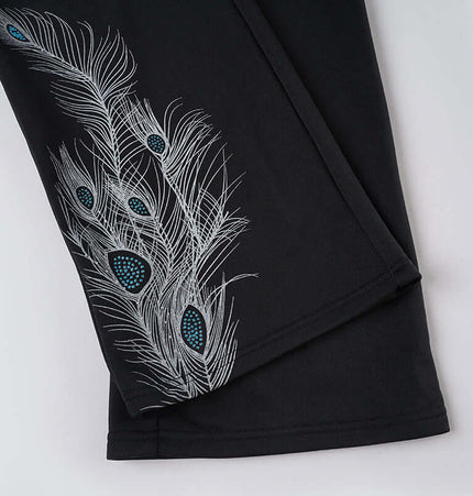 Black Sport Casual Pants – Loose Fit featuring stylish peacock feather design on the side.