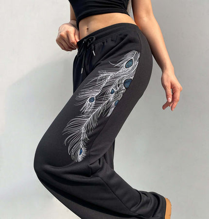 Black Sport Casual Pants – Loose Fit with peacock feather design, stylish and comfortable for workouts or casual wear.