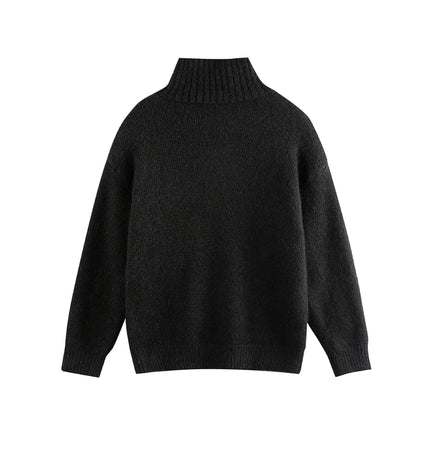 Stand Collar Pullover Sweater - Loose Fit in black, featuring a high-neck stand collar and relaxed fit, showcasing its clean design.