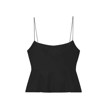Strapless Camisole Tank Top – Slim Fit, sleek black design with delicate straps and a stylish flowing hem.