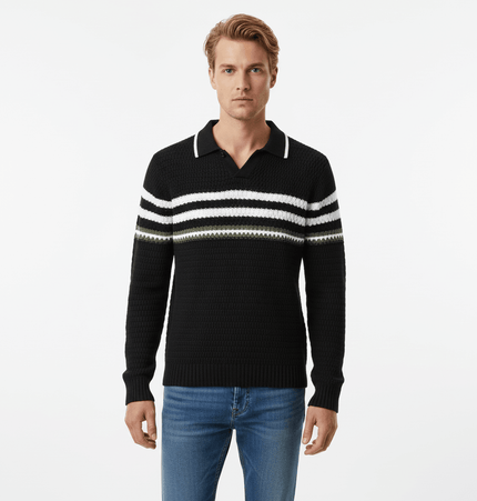 Loose Fit Plain Knit Sweater in black with white stripes, perfect for casual streetwear and comfortable daily wear.