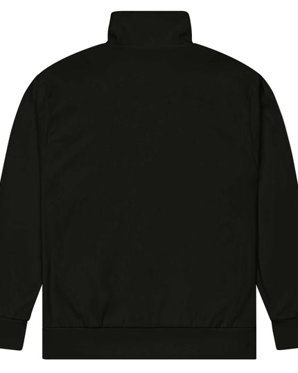 Black track jacket in 308 g/m² recycled polyester, studio back view